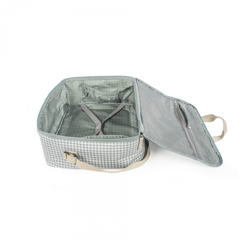 Mala de viagem pequena cinza xadrez aberta com interior cinza e alça bege