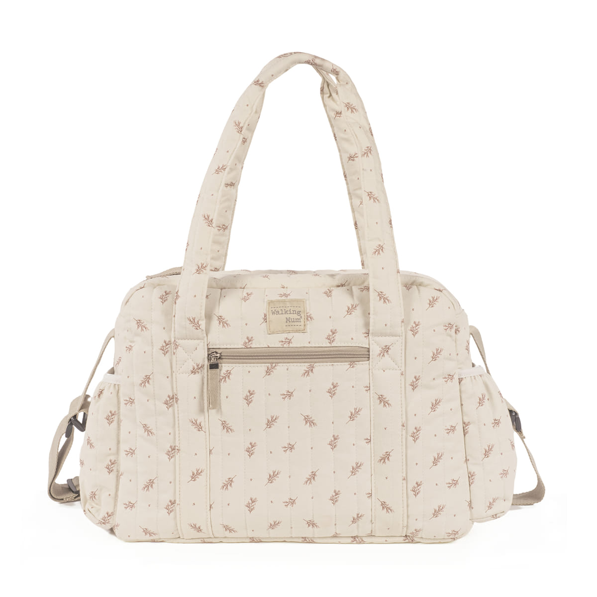 Mala de tecido bege com padrão floral castanho e alças