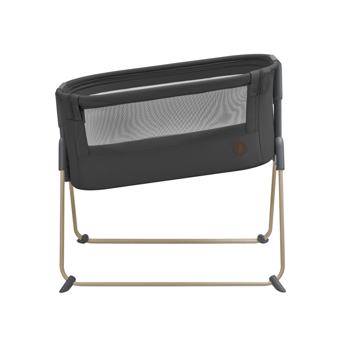 Berço portátil cinzento escuro com painel de rede e estrutura dourada