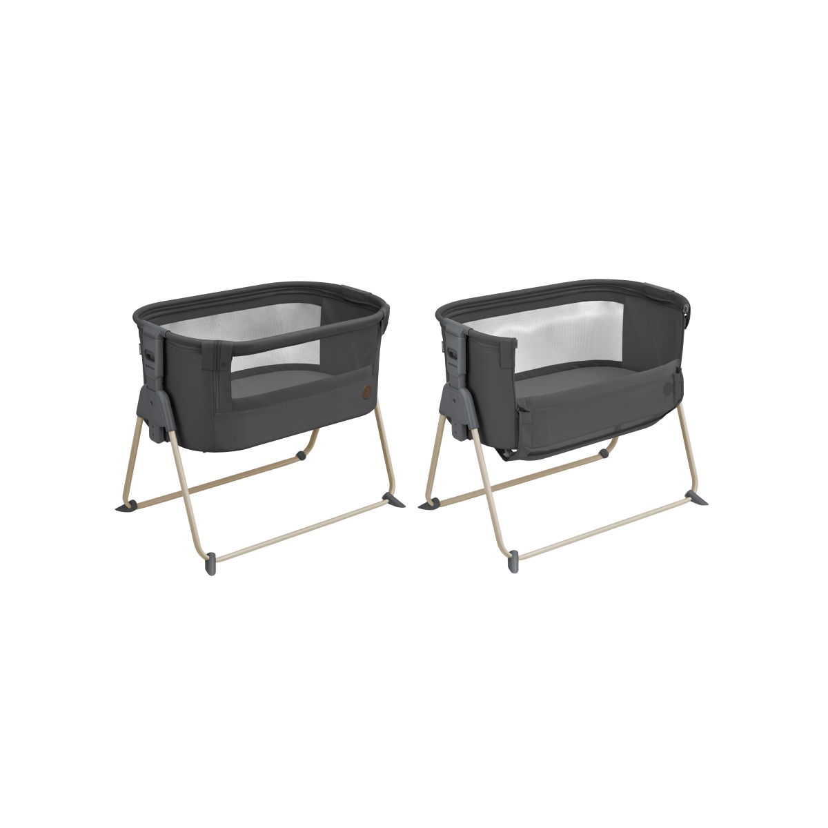 Dois berços portáteis cinzentos com estrutura metálica bege