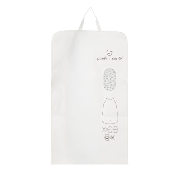 Saco de armazenamento branco com alça e impressões pretas de texto e desenhos