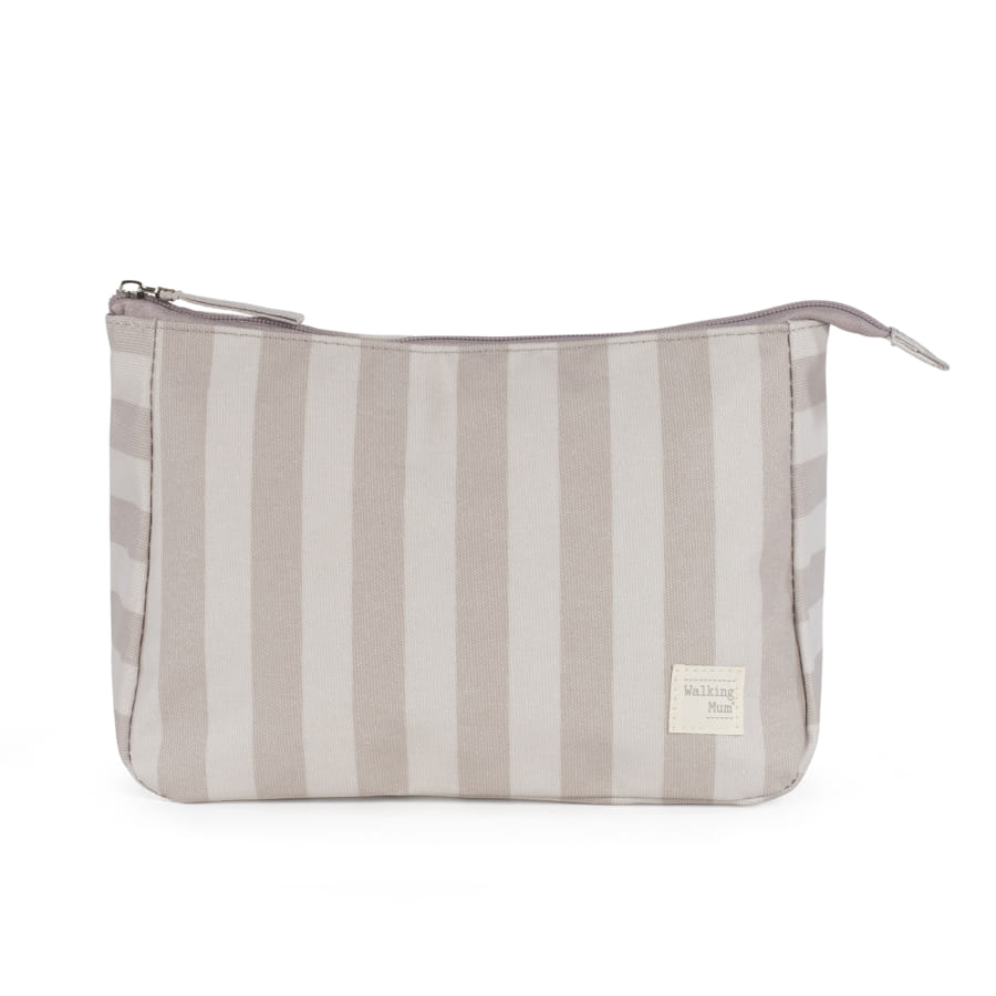 Necessaire de tecido riscas cinzentas e bege com fecho