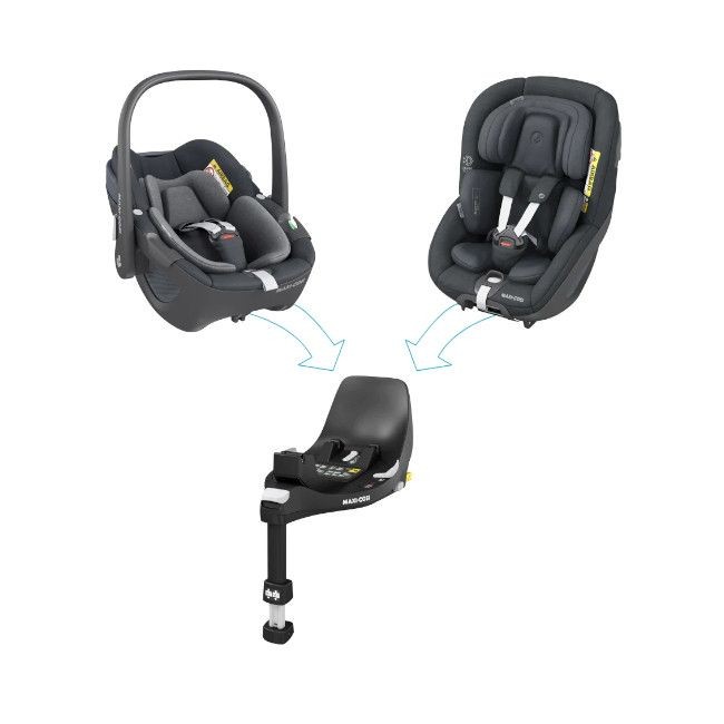 Três cadeiras auto para crianças pretas com base para fixação e setas indicativas