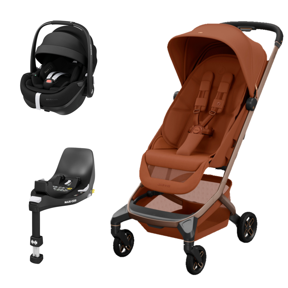 Carrinho de bebé castanho, ovo de bebé preto e base para carro