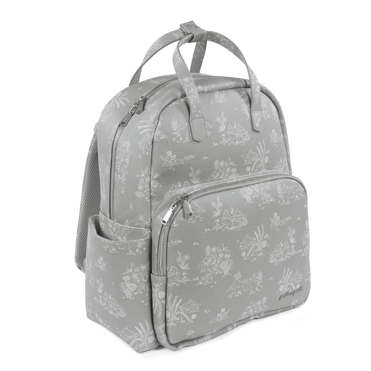 Mochila cinzenta com padrão branco floral e animal