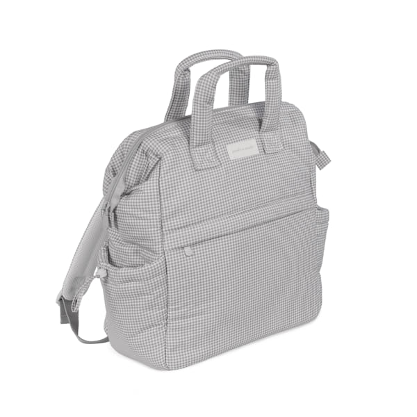 Mochila xadrez cinzento e branco com alças e bolso frontal