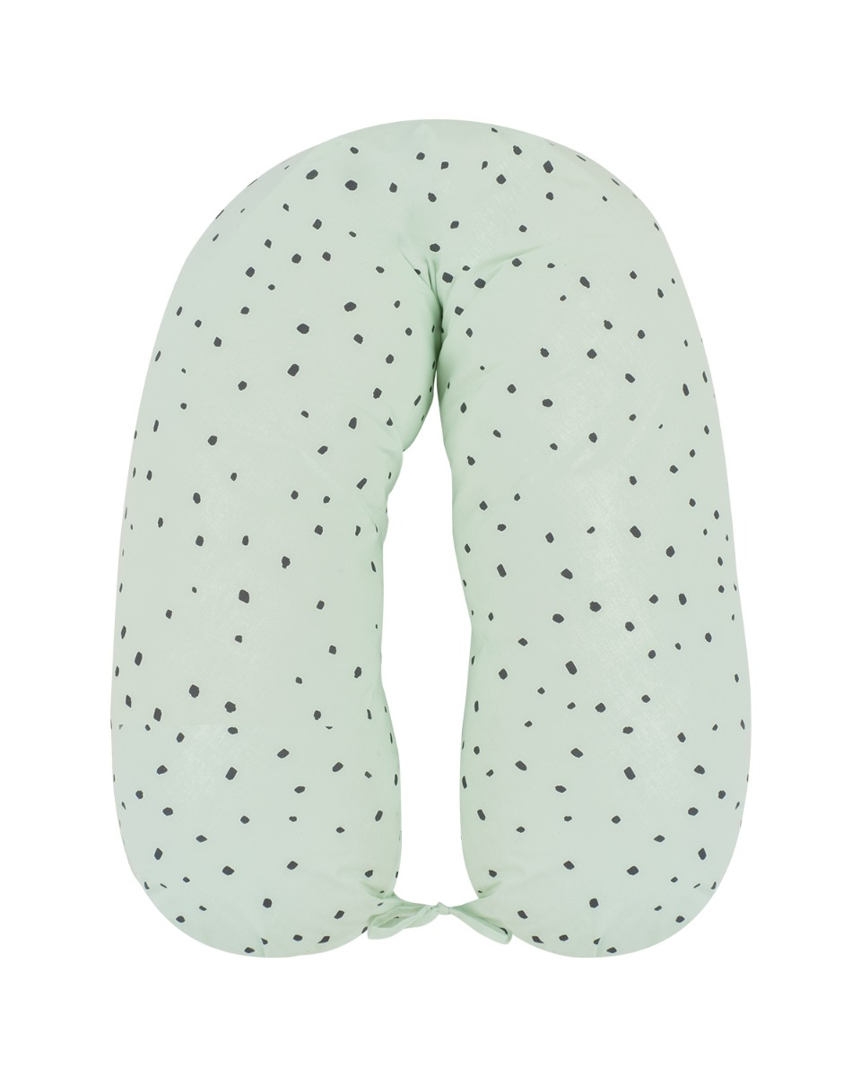 Almofada de amamentação verde claro com pontos pretos em U