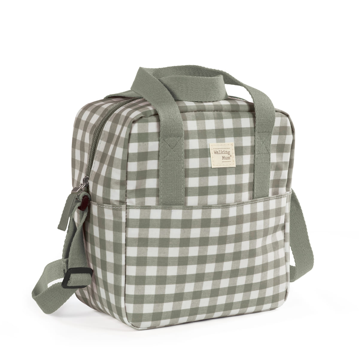 Mochila quadrada com padrão xadrez verde e branco e alças largas verdes