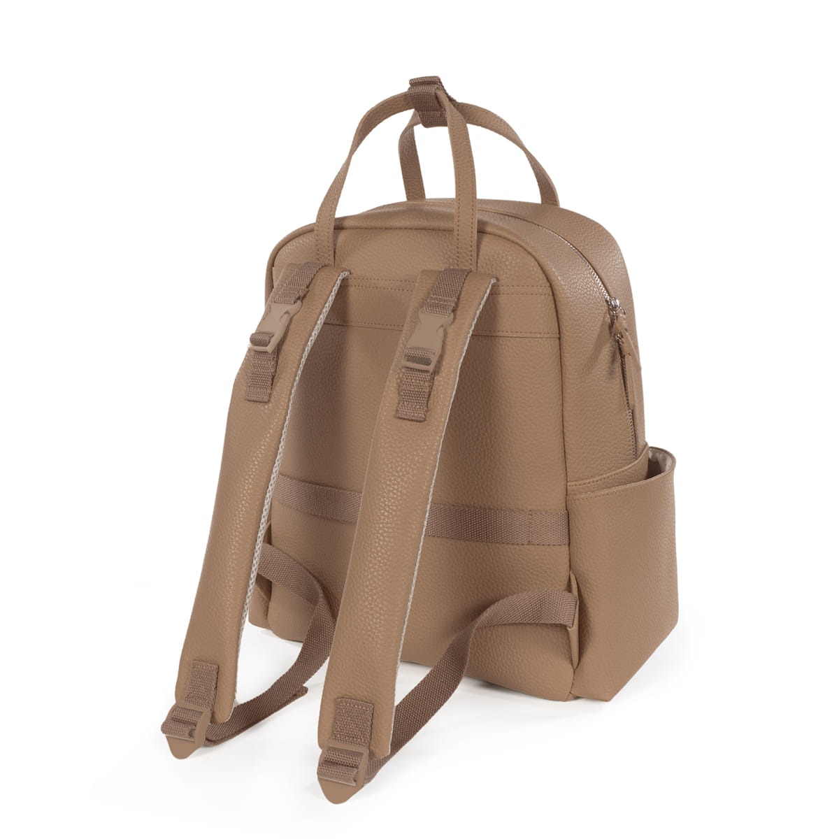 Mochila castanha com textura em relevo, alças ajustáveis, bolso lateral e fecho de zíper