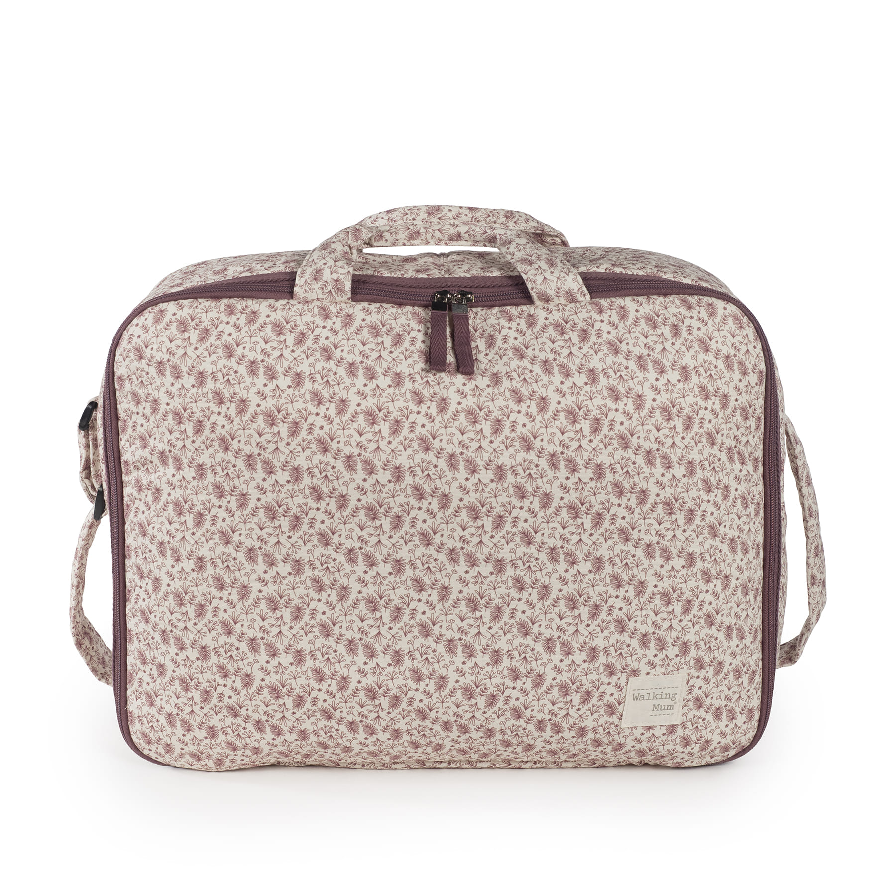 Mala de tecido rosa e bege com padrão floral e etiqueta 'Walking Mum'