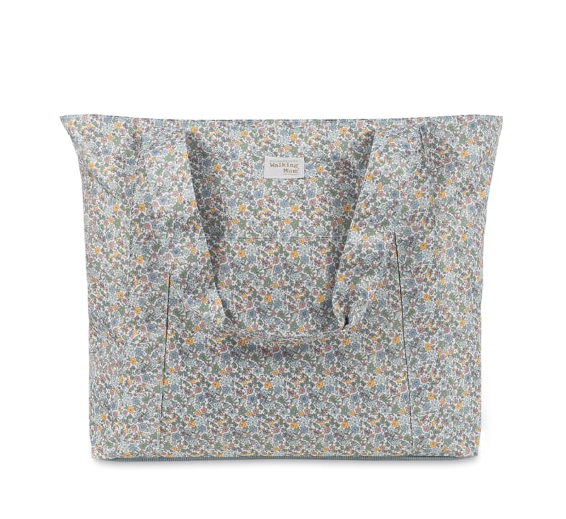 Bolsa de tecido floral com alças largas e etiqueta Walking Mum