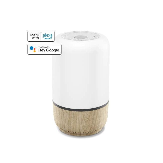 Coluna portátil branca com base de madeira clara e controlos no topo