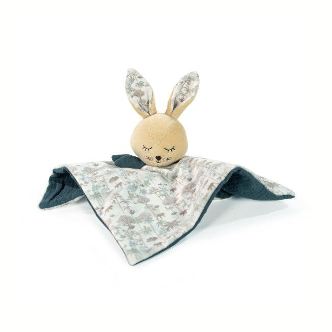 Manta com cabeça de coelho em tecido azul e floral para bebé