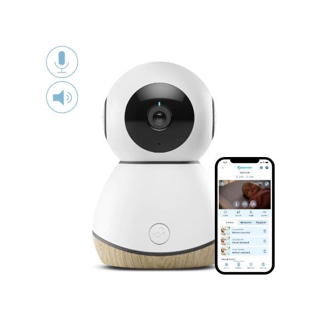 Câmara de segurança branca com base de madeira e telemóvel com app de vigilância