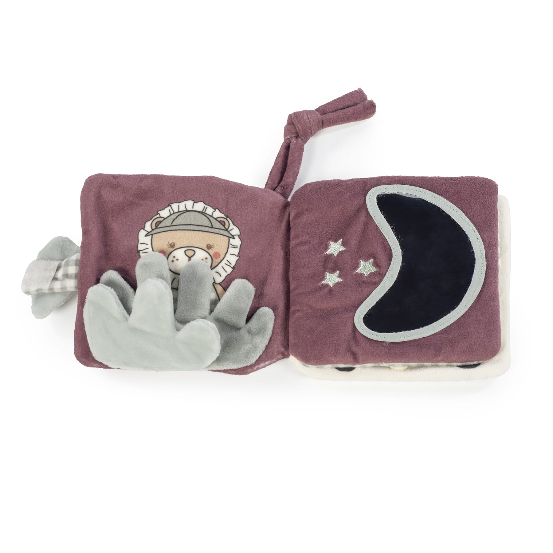 Livro macio infantil lilás com urso e lua em tecido aveludado.