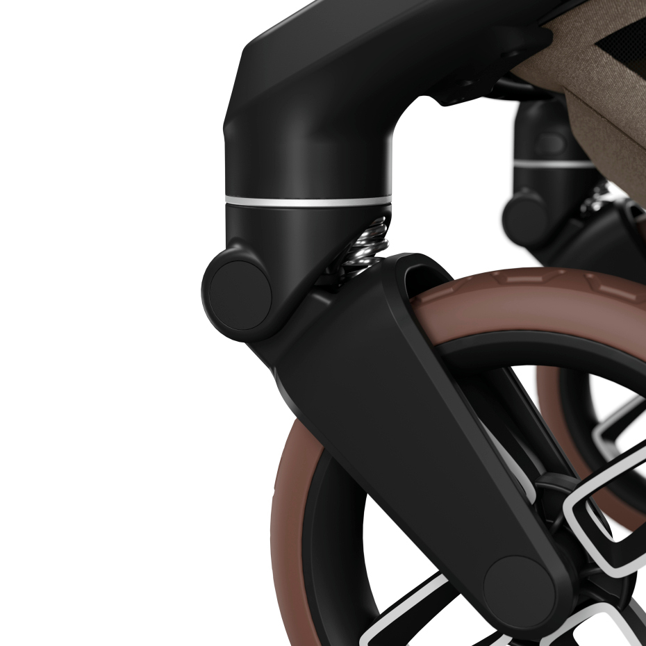 Roda dianteira de carrinho de bebé castanha e preta em fundo branco