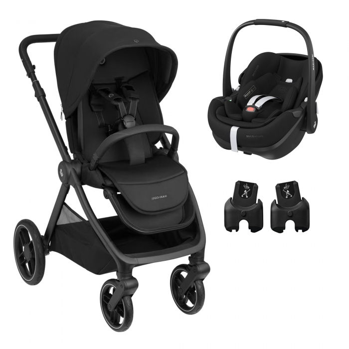 Carrinho de bebé com cadeira auto Maxi-Cosi preta e adaptadores