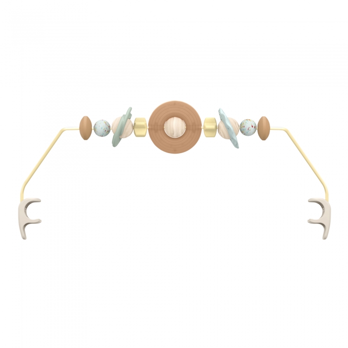 Barra de brinquedo para carrinho com contas em madeira e estrutura metálica amarela