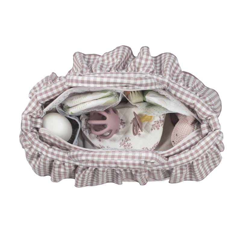 Mala de maternidade xadrez bege e branco com acessórios de bebé