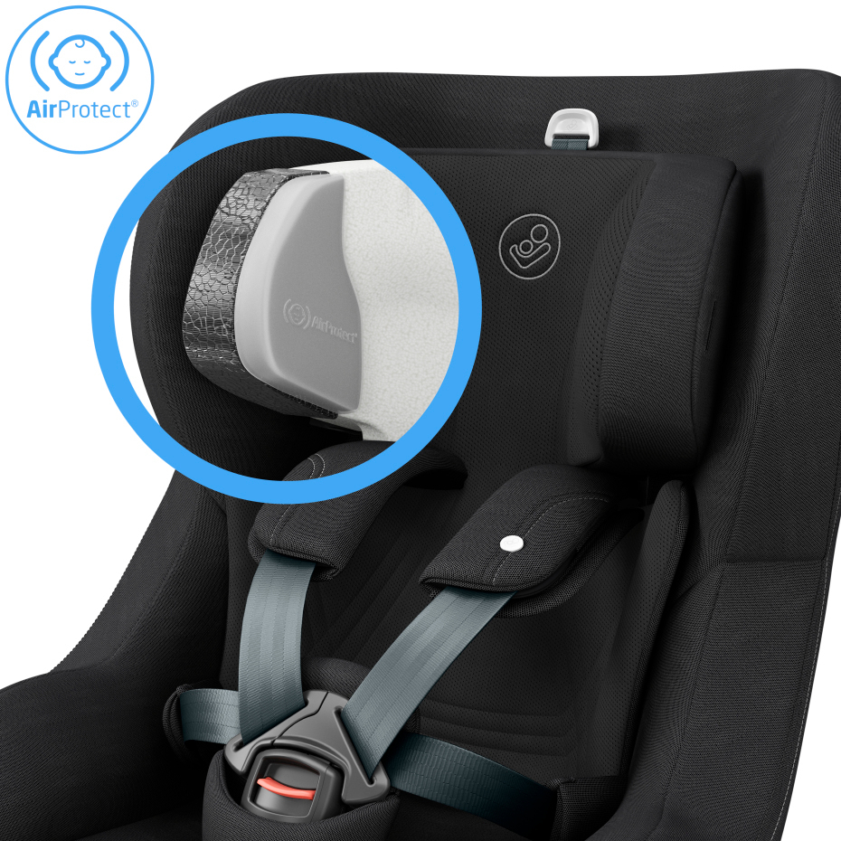 Cadeira auto preta com cintos azuis e detalhe AirProtect®