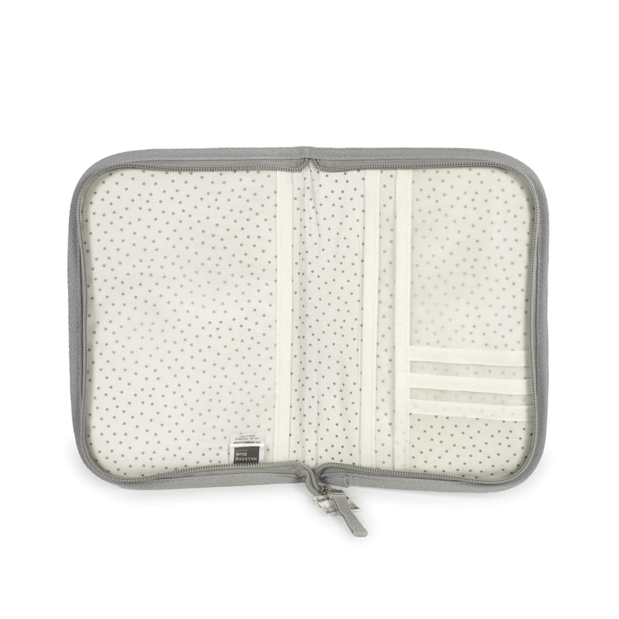 Estojo aberto branco com pontos cinza e fecho cinza