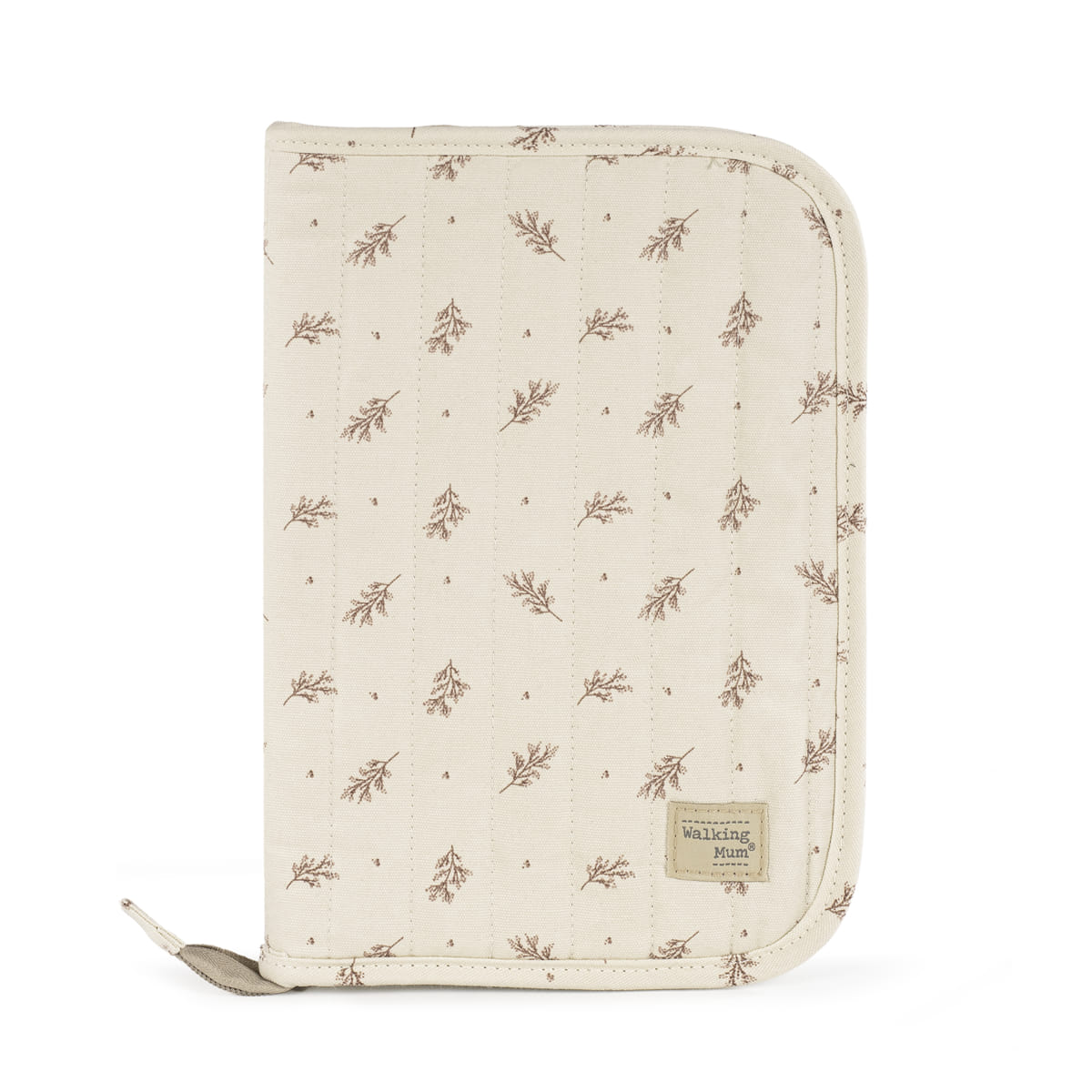Capa protetora bege com padrão de ramos pequenos e etiqueta 'walking mum'