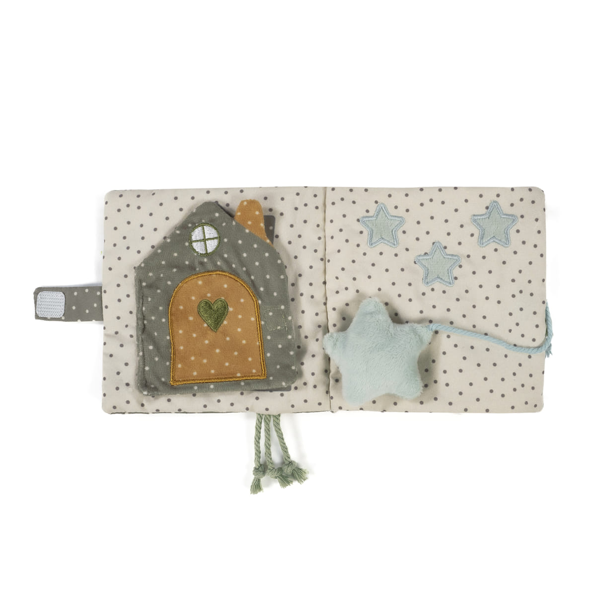 Livro macio para bebés com casa e estrelas em tecido com padrão de pontos