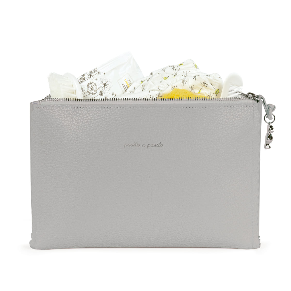 Bolsa cinza com fecho e lenços de papel