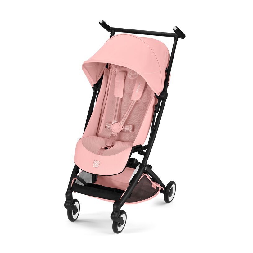 Carrinho de bebé cor-de-rosa com estrutura preta e capota