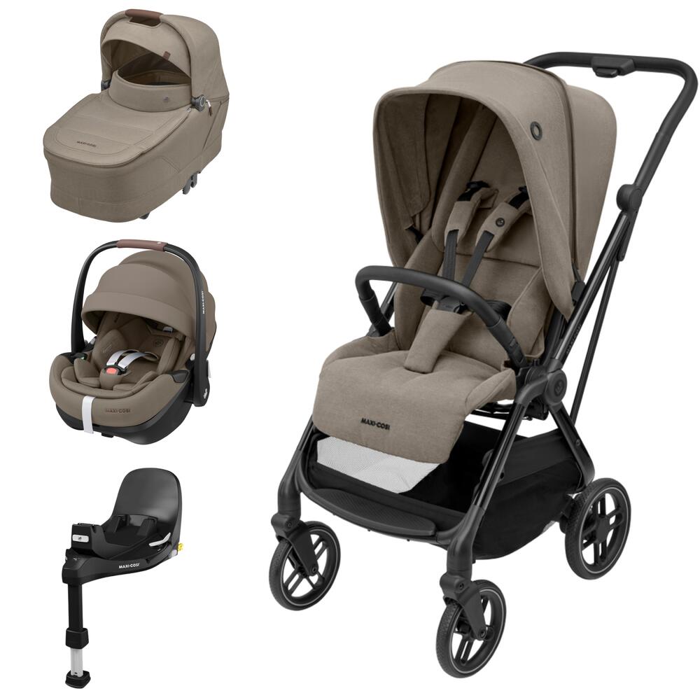 Conjunto Maxi-Cosi para bebé com carrinho, alcofa, cadeira auto e base, em tecido bege e estrutura preta.