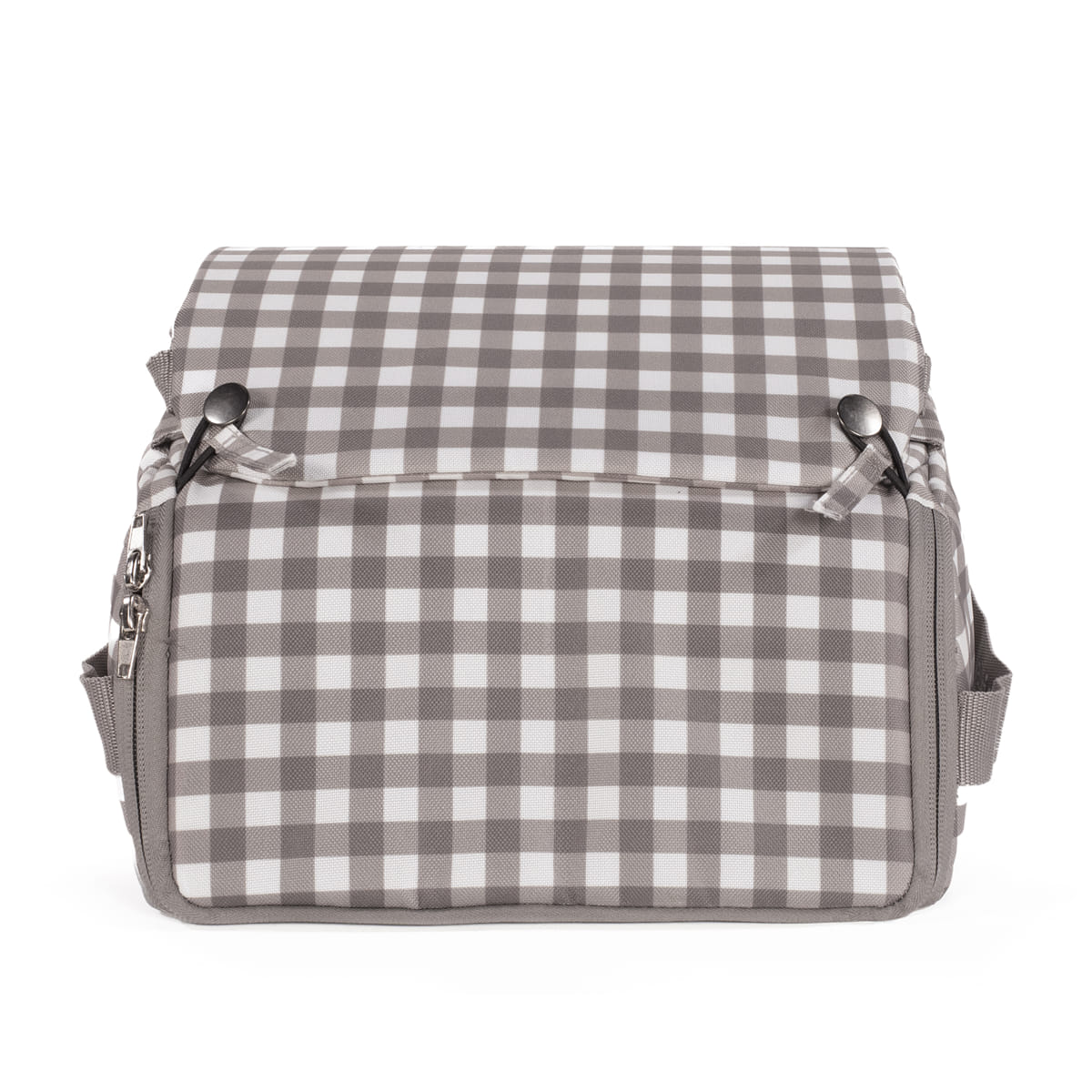 Mala quadrados cinzentos e brancos com bolso e fecho