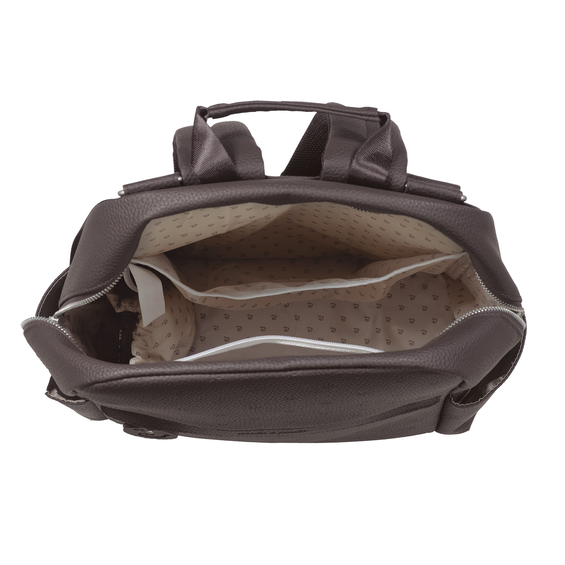 Mala de mão castanha em pele sintética com interior forrado bege e padrão de letras