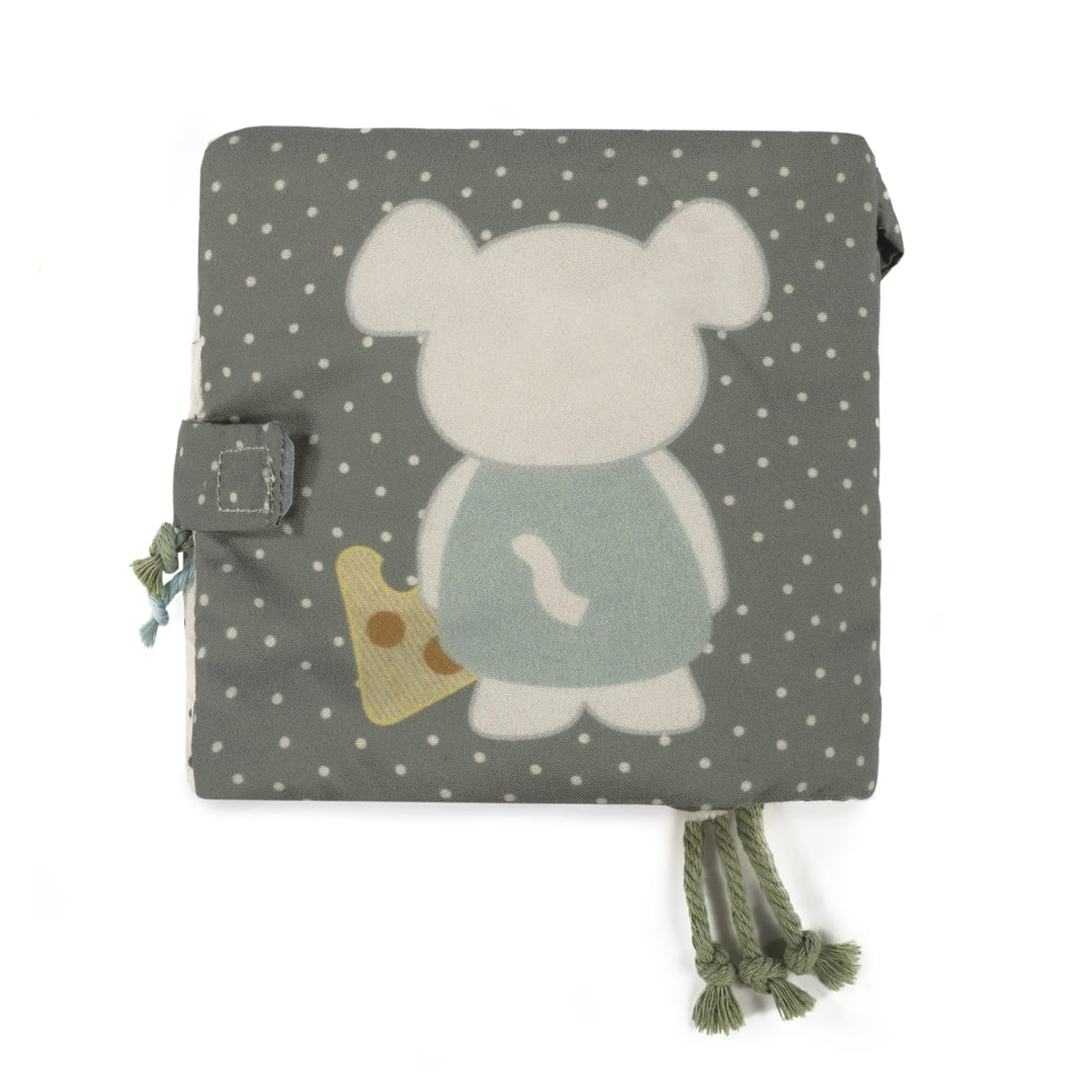 Livro de pano cinzento com padrão de pontos e rato a segurar queijo
