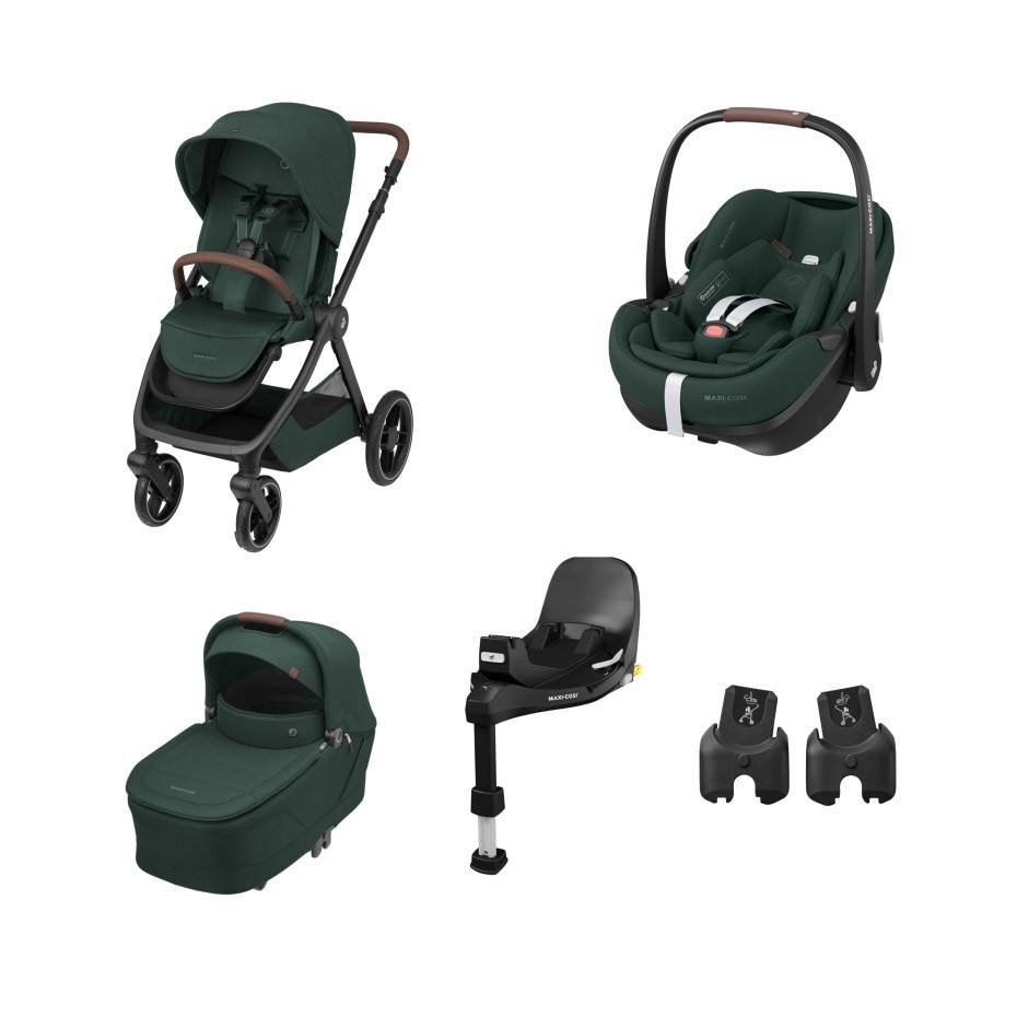 Conjunto de carrinho, alcofa, cadeira auto e acessórios em verde escuro e preto