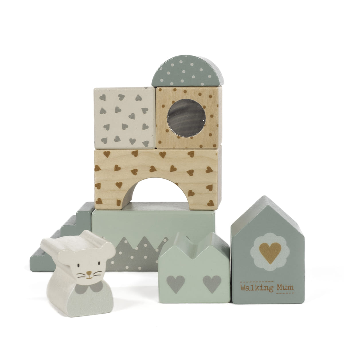 Conjunto de blocos de construção em madeira com padrões de corações e texto Walking Mum.