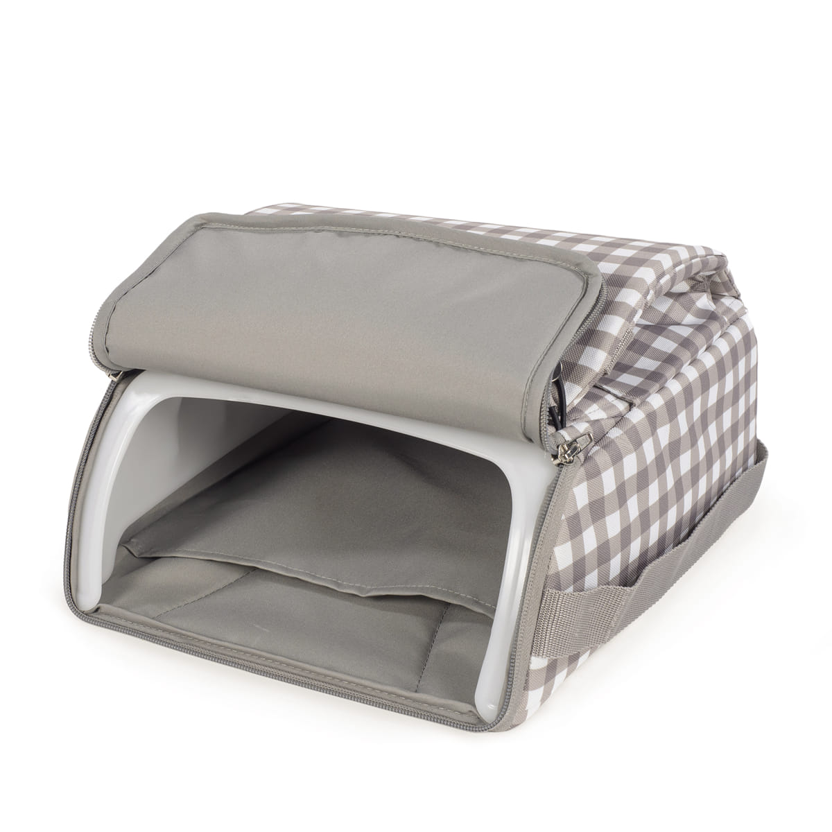 Bolsa térmica xadrez cinza e branco com interior acolchoado cinza e fecho de correr