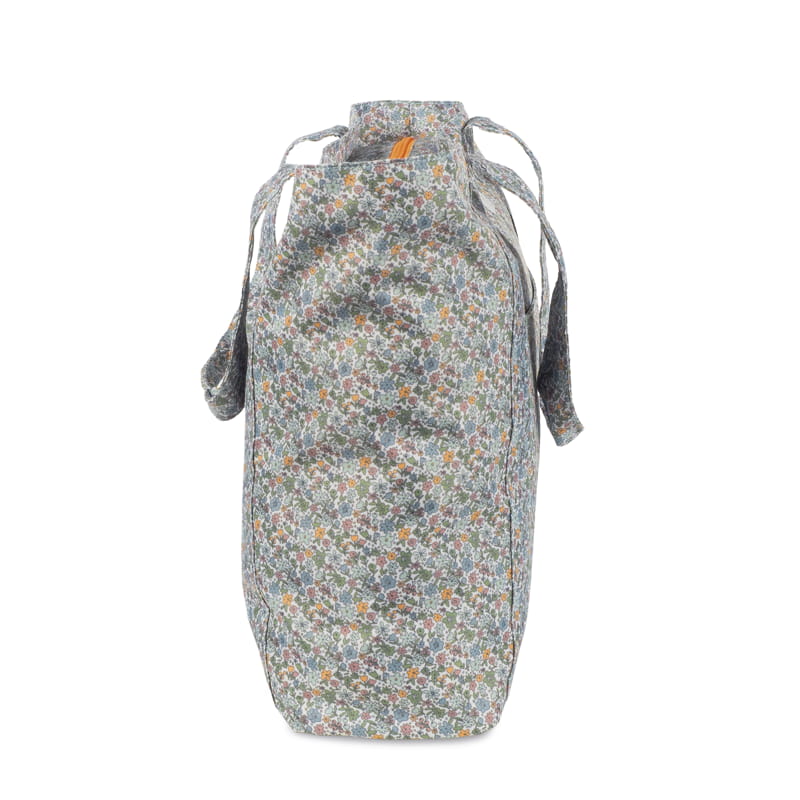 Mala de tecido floral com alças e fecho laranja