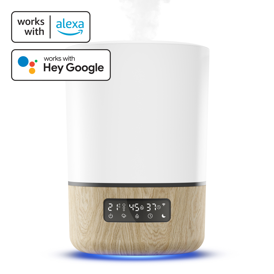 Humidificador branco com base em padrão madeira clara e ecrã digital com números 45 e 37