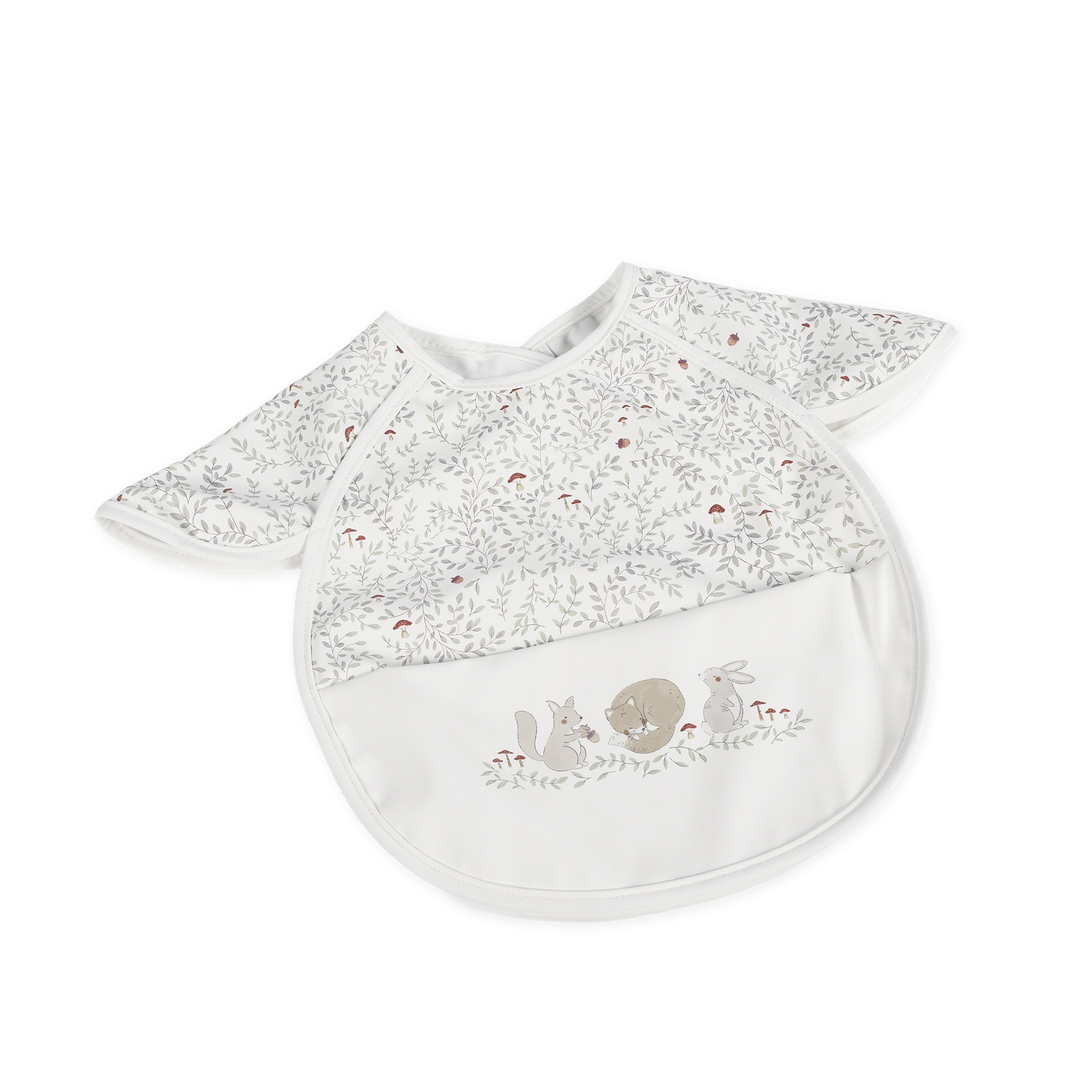 Babete branco com padrão floral e animais desenhados