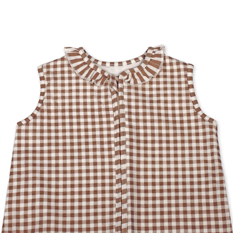 Colete infantil xadrez castanho e branco com folho no decote
