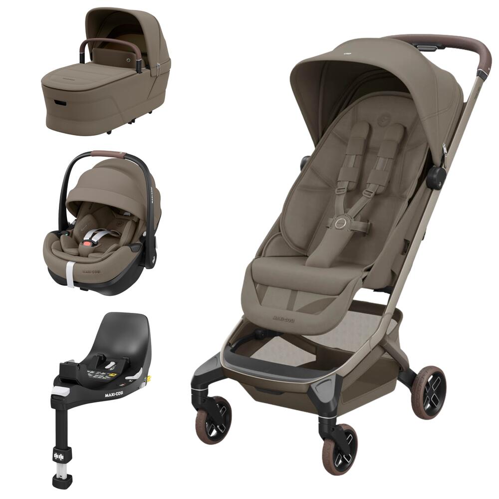 Conjunto de carrinho de bebé taupe, alcofa, cadeirinha auto e base Maxi-Cosi