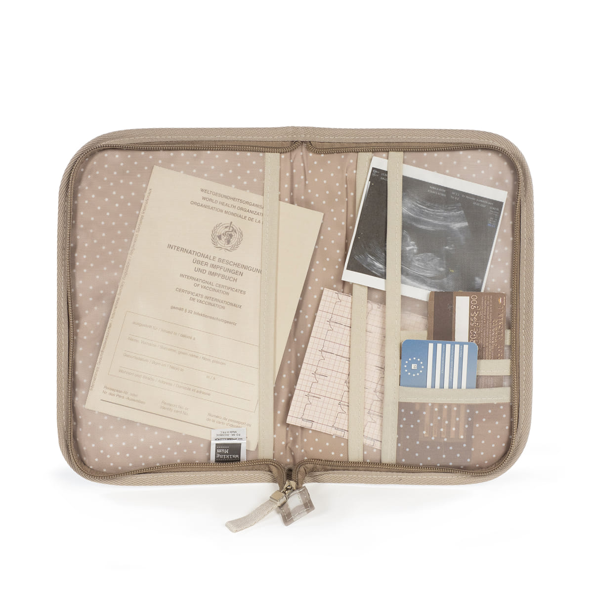 Estojo organizador bege com bolinhas e vários documentos incluídos