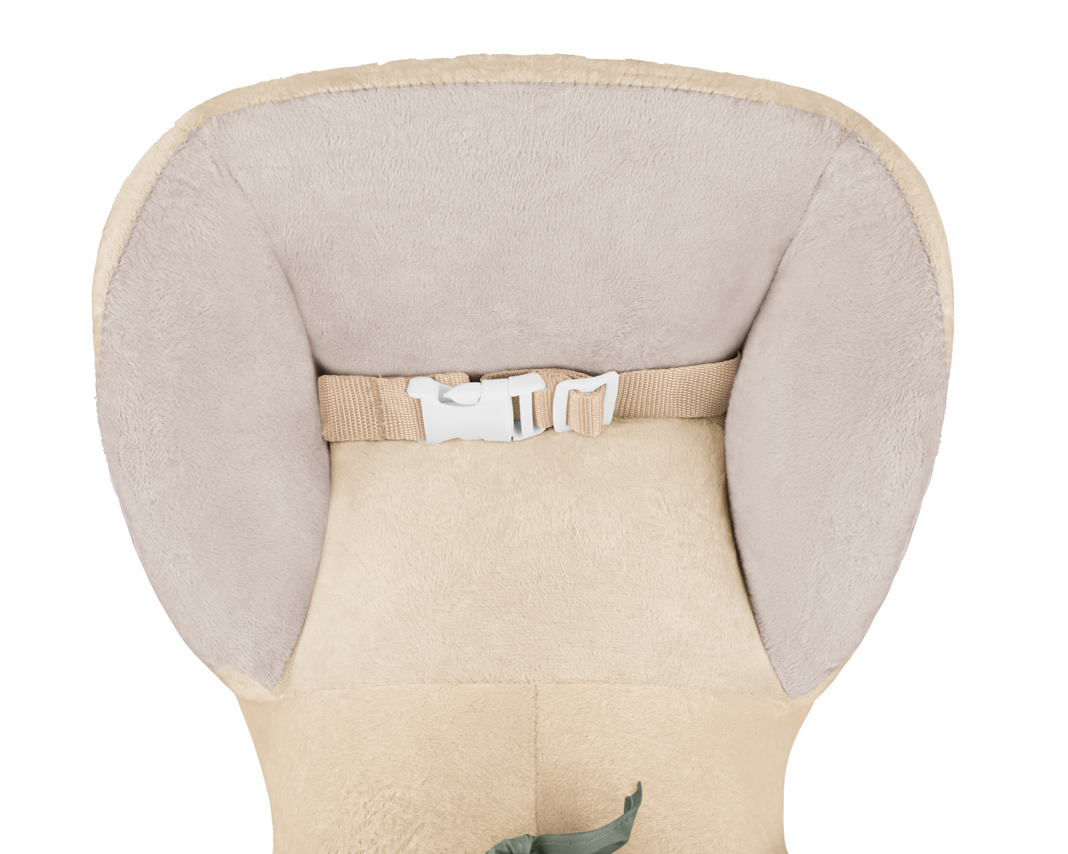 Cadeira de criança bege e cinza com fivelas de segurança