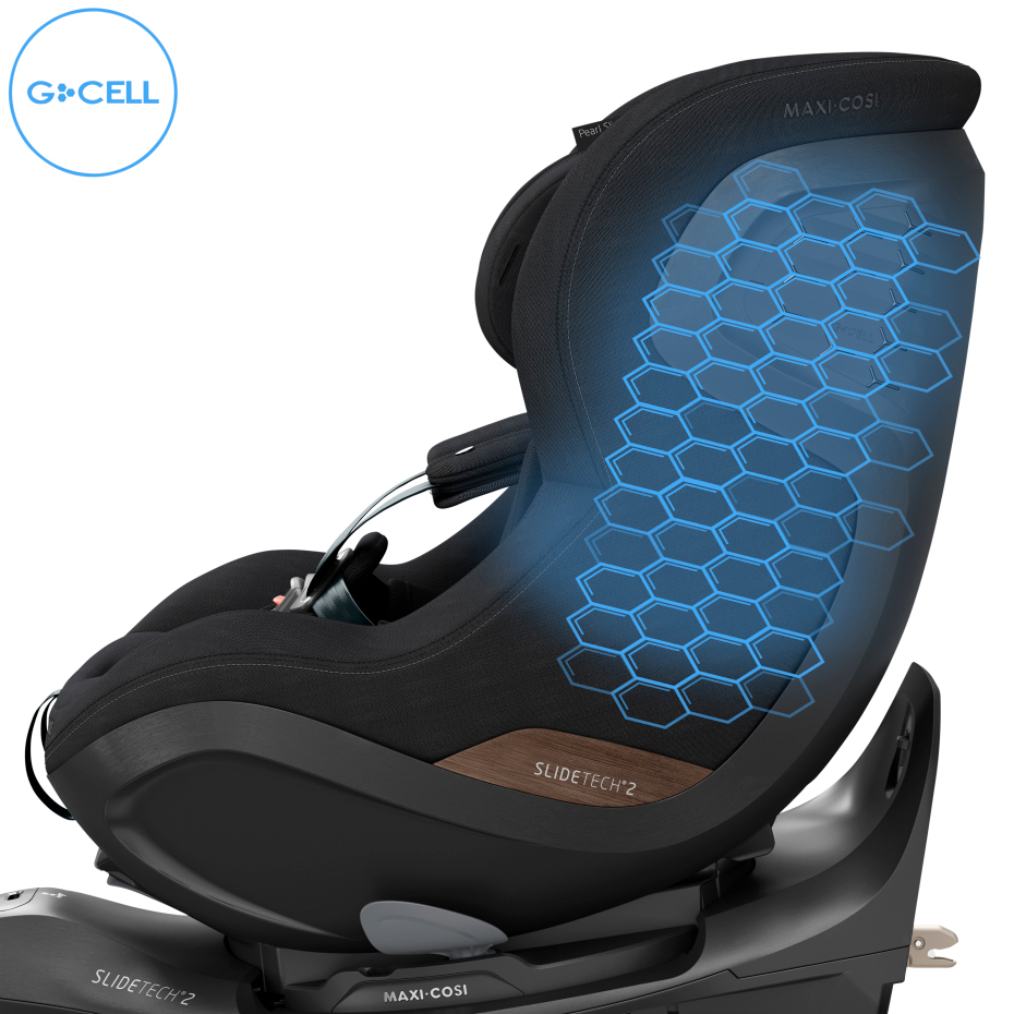 cadeira auto criança preta Maxi-Cosi com tecnologia SlideTech² e padrão hexagonal azul