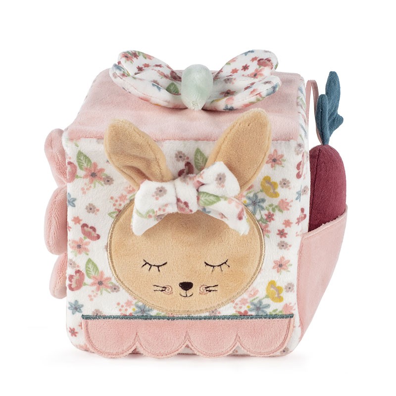 Cubo de brinquedo para bebé com padrão floral e figura de coelho em tecido macio