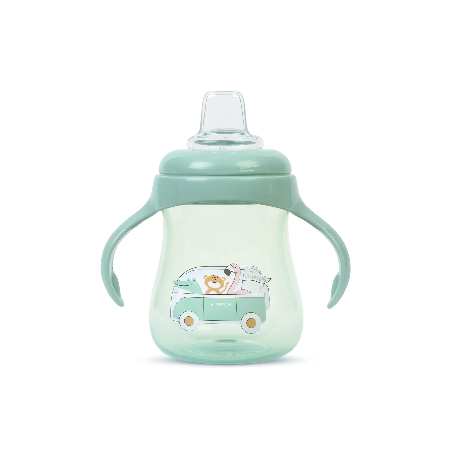 Biberão verde translúcido com bico de silicone transparente e duas pegas laterais, decorado com um autocarro com animais.