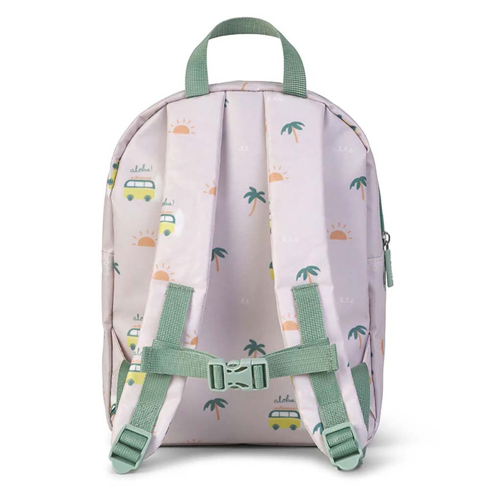 Mochila infantil lilás com padrão de por do sol, palmeiras e carrinhas, alças e pega verde