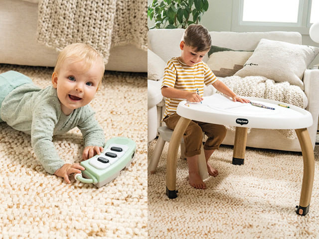 Crianças a brincar e desenhar em ambiente acolhedor com tapete e móveis claros.