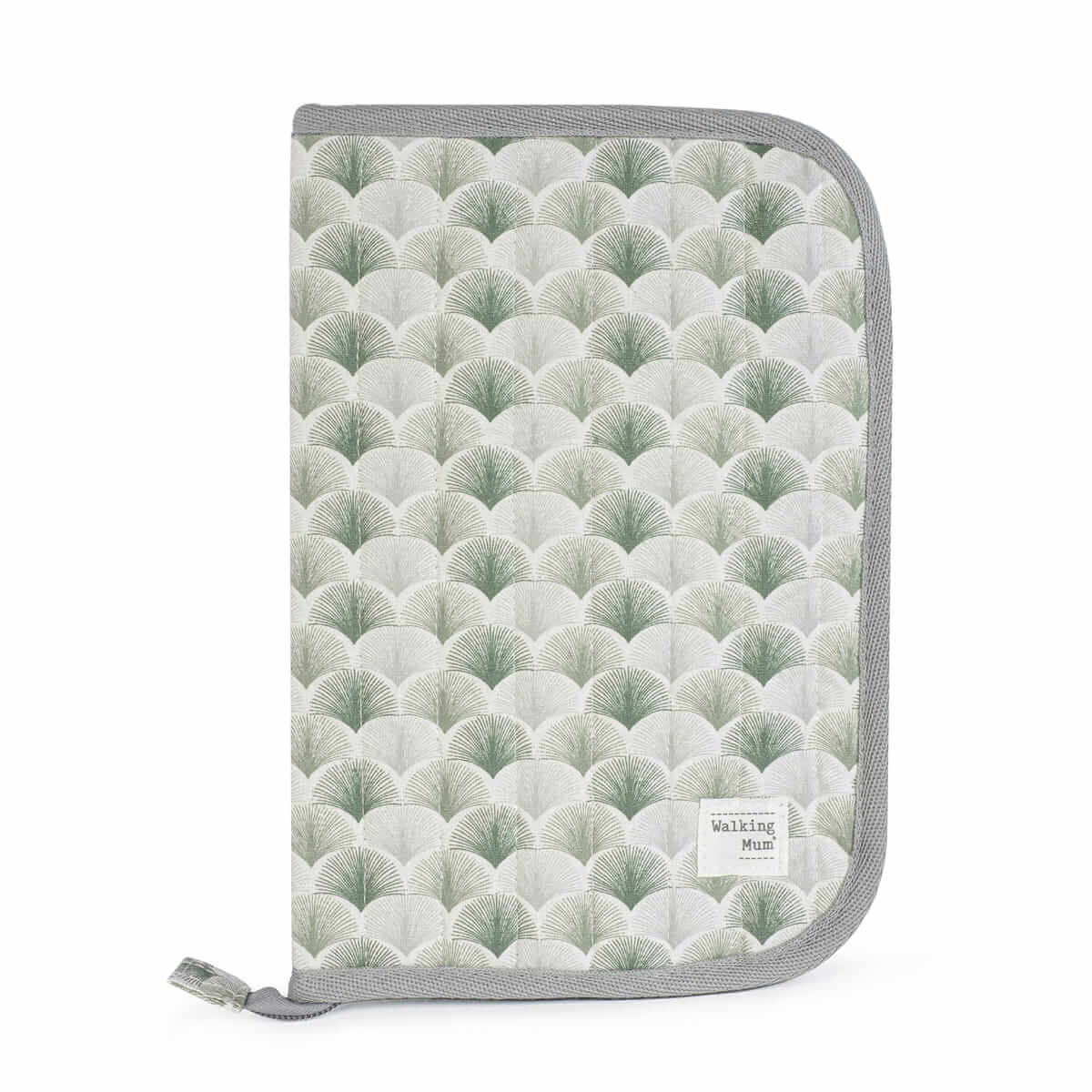 Bolsa organizadora com padrão geométrico verde e branco e bordas cinzentas