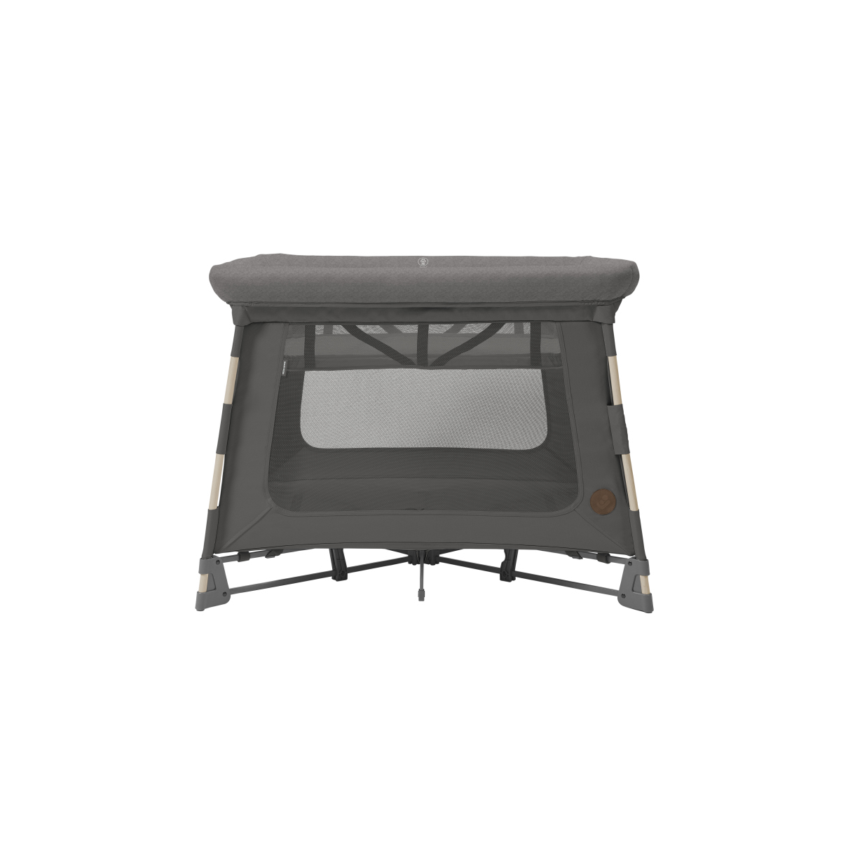 Cama de viagem para bebé cinza escuro com laterais em rede e estrutura metálica